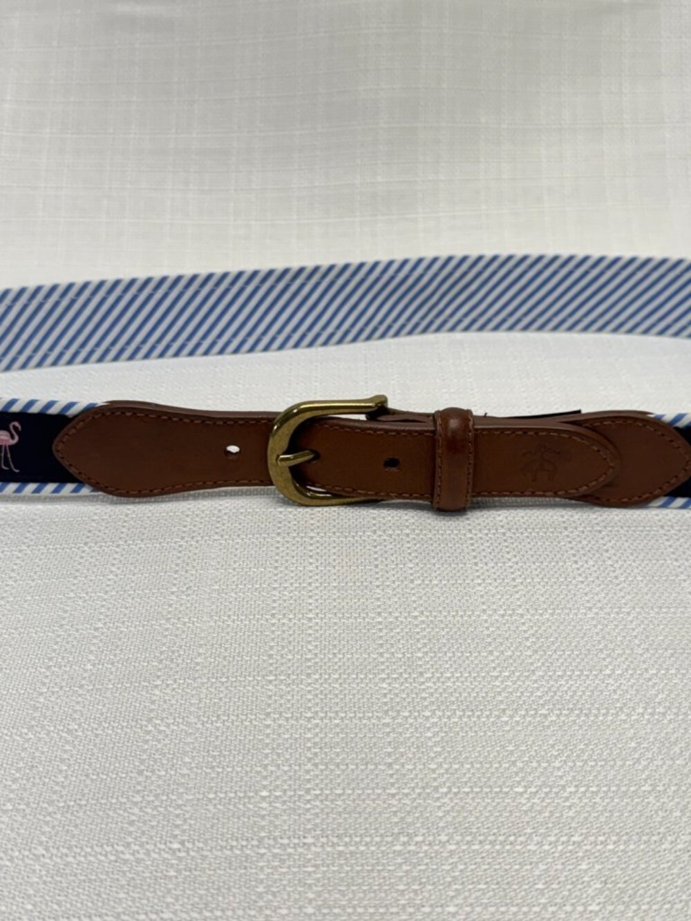 Brooks Brothers Flamingo Embroidered Canvas Leather Belt Navy  Stripe Mens 36 - Picture 2 of 7